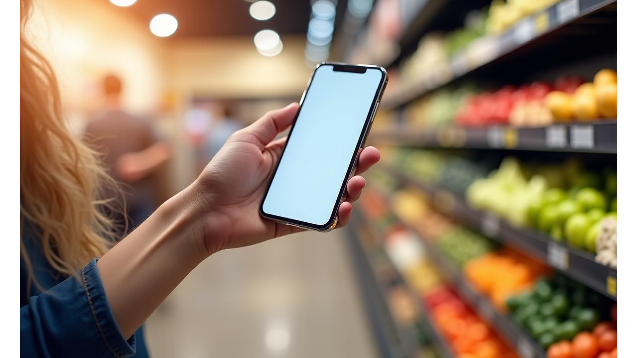 스마트폰으로 구매 리스트를 확인하며 신중하게 쇼핑하는 사람